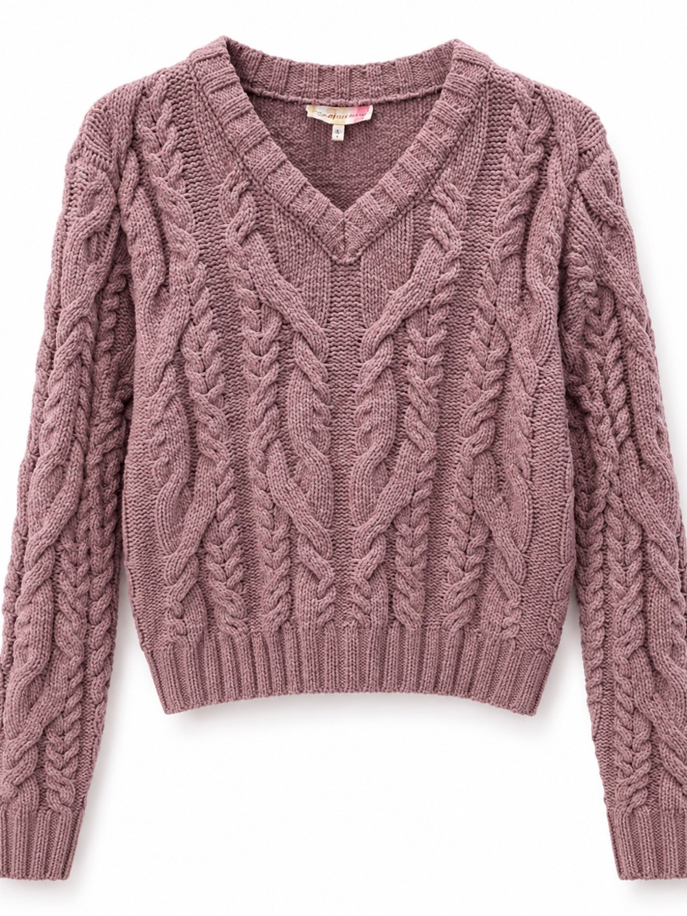 Cable-Knit V-Neck Sweater in Mauve